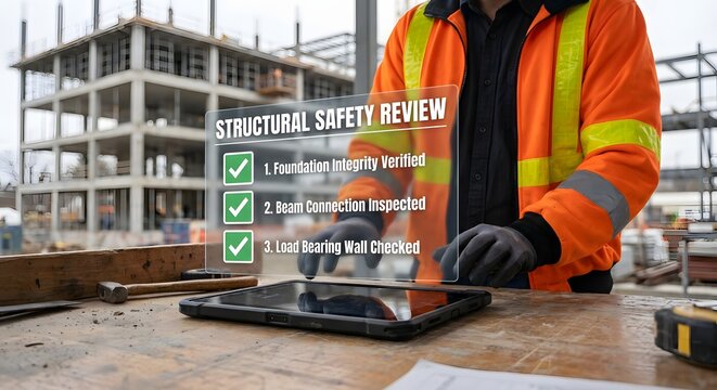 Construction worker using digital tablet for structural safety inspection on building site, modern technology.