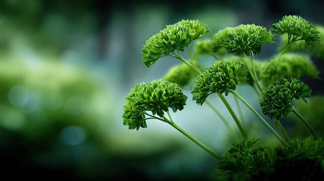   A clear picture of broccoli with a focus on its details, against a sharp background of tree trunks and leaves