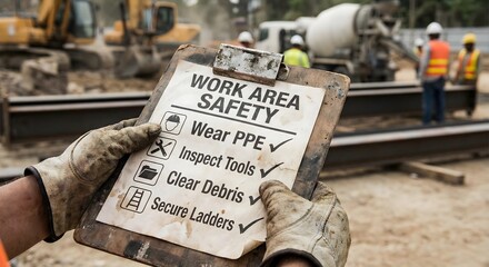 Construction site safety checklist with worker’s hands, emphasizing hazard prevention and workplace wellbeing.
