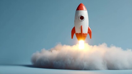 Rocket launches into the sky sending smoke and fire behind it while a clear blue background fills the scene with simple focus on the launch event
