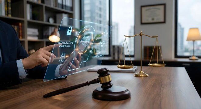Legal technology concept with scales of justice, data protection, and intellectual property rights display.