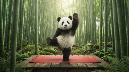Panda balances in yoga pose. Playful panda on mat in bamboo forest, panda meditation for World Yoga Day campaign, mindfulness wellness concept, calm nature background copy space, soft light