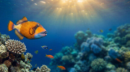 Tropical fish glides above coral reef. Colorful fish near coral reef under sun rays, reef fish scene for World Oceans Day, summer travel promo, scuba diving adventure, marine life concept