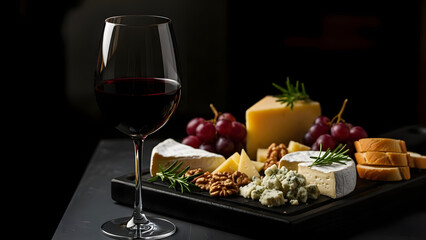 Red wine and cheese board with grapes and bread graphic