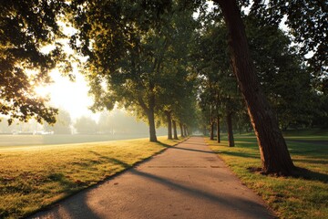 Fototapeta premium Sunlit Park Path with Trees in Tranquil Morning Light