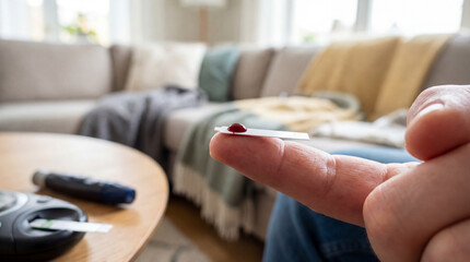 Glucose test strip shows blood drop. Home glucose monitoring with glucometer for diabetes control, daily glucose check, prevention message for World Diabetes Day, health screening concept, copy space