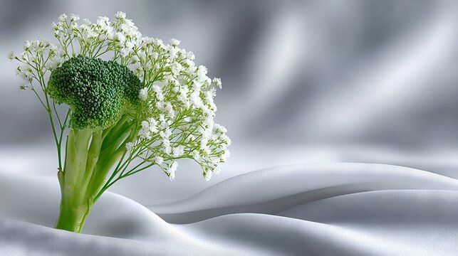   A white fabric bed adorned with a vibrant bouquet of broccoli and delicate baby's breath, set against a soft, blurry background
