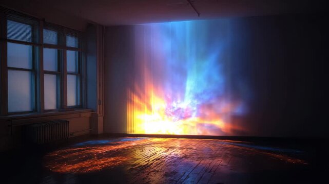 Colorful light display fills a room with colors and patterns at an art installation in a vacant warehouse during an evening event