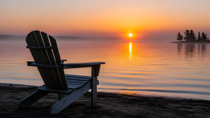 Adirondack chair facing a misty sunrise over a calm lake