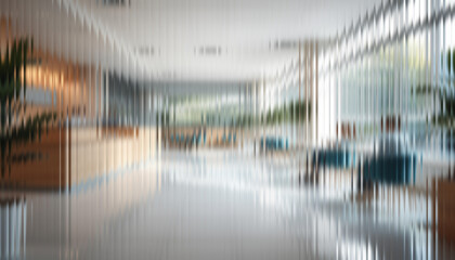 Blurred interior background of a medical center. Features daylight and blurry bokeh through a fluted glass wall with Gaussian blur and reeded, ribbed glass design for a soft light effect. © djjeep_design