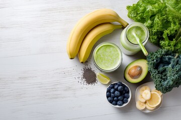 Smoothie preparation with fruits and vegetables on a wooden table in a bright kitchen setting