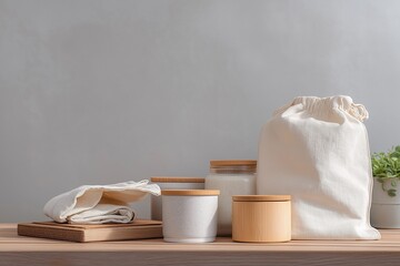 Different containers and jars on a wooden table with a light background and a small plant