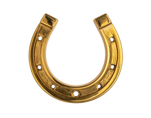 Golden horseshoe on black background; detailed texture, curved shape, studs, good luck concept