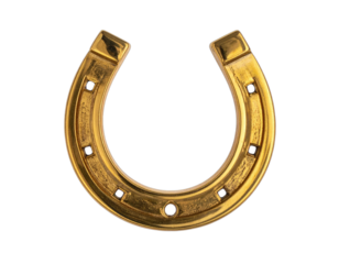 Golden horseshoe on black background; detailed texture, curved shape, studs, good luck concept