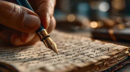 Close-up of hand writing new goals on journal, natural lighting, personal growth theme