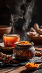 Fototapeta premium Turmeric Powder and Steaming Tea in Cozy Herbal Setting