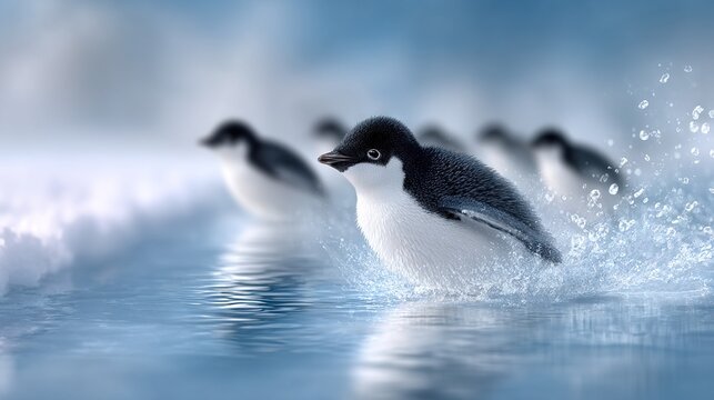  A cluster of black-and-white penguins frolicking in azure water beneath a sky dotted with clouds