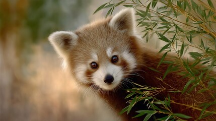 Obraz premium A baby raccoon peeks out from behind a blurry tree branch