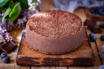 Sweet dessert: chocolate cheesecake on a wooden platter on a wooden table. chocolate cheesecake for breakfast. Close-up
