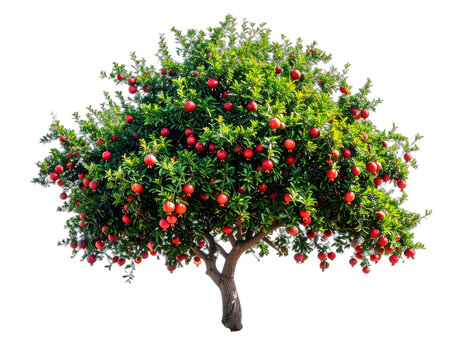 A vibrant, fruit-laden tree against a transparent background, showcasing red, round produce