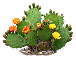A vibrant prickly pear cactus with diverse blooms against a black backdrop