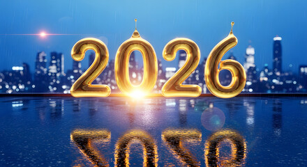 Golden 2026 New Year Numbers Reflecting on Water with Modern City Skyline