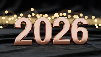 Bold 3D Rose Gold 2026 New Year Numbers on Dark Fabric with Warm Lights