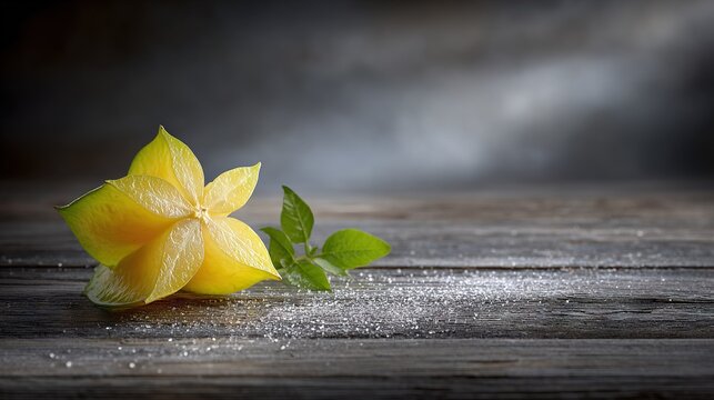   A yellow flower sits atop a wooden table beside a leafy green plant also on a wooden table