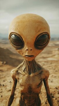 An alien creature with a large head and black eyes appears scared standing on a barren desert planet.