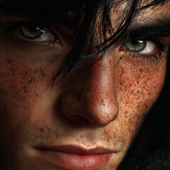 Fototapeta premium Close-Up Portrait of a Freckled Face with Intense Gaze