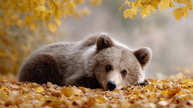   A massive, chocolate-colored bear reclining atop a mound of golden foliage resting upon a yellowish carpet of autumnal vegetation