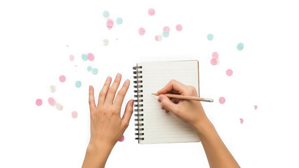 Obraz premium Creative hands writing in notebook surrounded by sparkling lights for inspiration and ideas