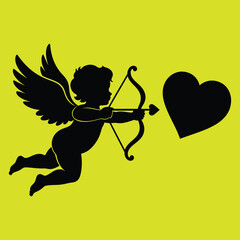 Fototapeta premium Cupid silhouette shooting arrow heart romantic Valentine’s Day illustration