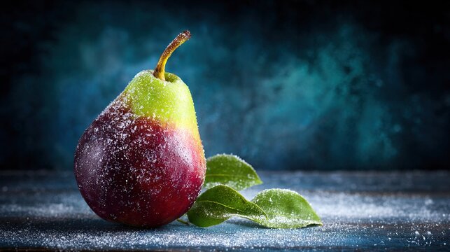   A red pear and a green pear rest on a wooden table with a leafy green apple surrounded by snow