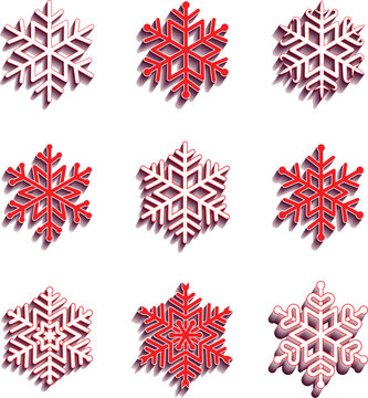 Set of red snowflake icons with long shadows, vector winter decoration