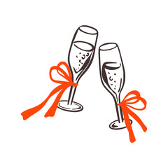 Hand drawn crayon doodle champagne glasses happy New Year celebration toast icon. Whimsical two wineglasses with red coquettish bow. Bachelorette cocktail party invitation design element illustration