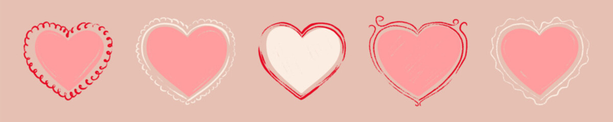 Hand drawn heart frames with wavy crayon borders for Valentines Day cards, wedding invitations, and romantic scrapbook projects with colorful doodle edges. Chalk, pencil, charcoal cute child scribbles