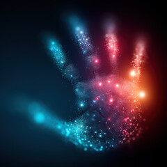 Conceptual image of a human hand interacting with a glowing algorithmic interface, symbolizing artificial intelligence as a tool for energy management, optimization, and sustainable control. Visual me