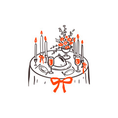Hand drawn crayon doodle celebration dinner table in la dolce vita restaurant. Wedding, birthday party, romantic Valentines day, bachelorette dinner whimsical tableware decorated coquette bow candles