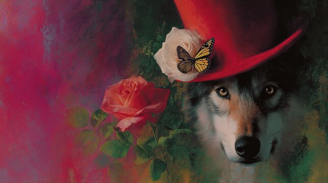   A painting of a red-hatted wolf with a butterfly on its hat and a rose in front of it