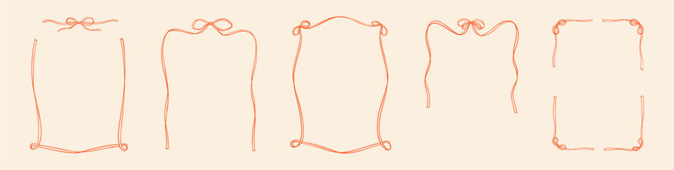 Set of hand drawn red bow ribbon curly rectangle frames. Whimsical coquette border for wedding, bachelorette, birthday party invitations, la dolce vita restaurant, French Parisian patisserie menu