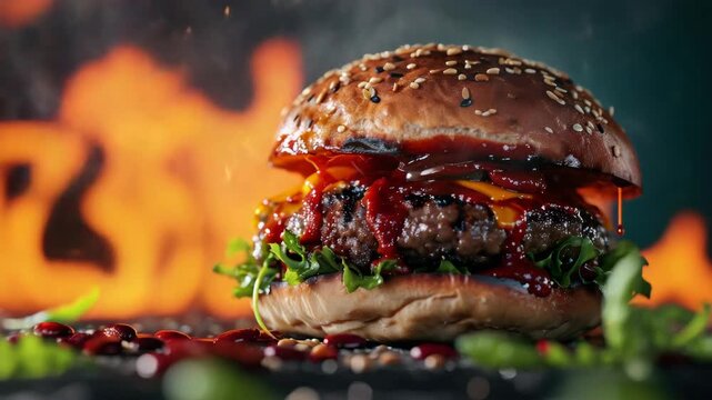 A close-up of a gourmet hamburger with ketchup and mustard on the bun, served on a black plate. The background suggests it is placed in front of an open flame.