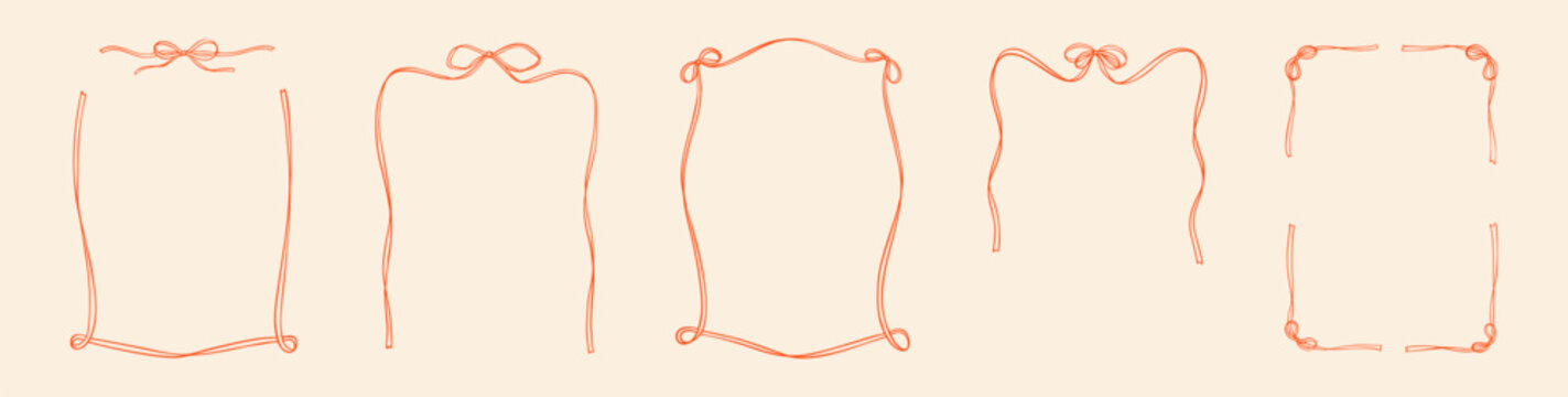 Set of hand drawn red bow ribbon curly rectangle frames. Whimsical coquette border for wedding, bachelorette, birthday party invitations, la dolce vita restaurant, French Parisian patisserie menu