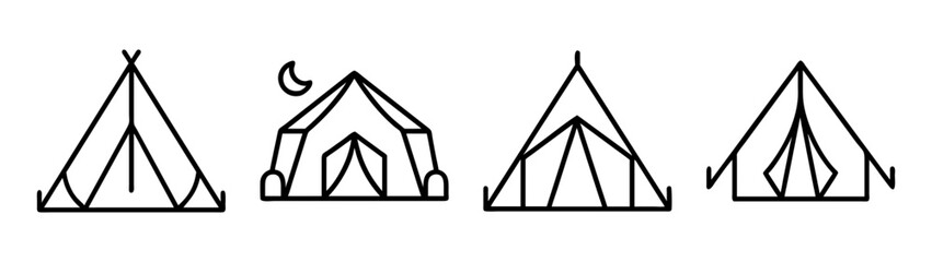 Camping tent line art icon set for outdoor adventure graphics