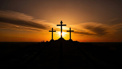 Three crosses silhouetted against vibrant sunset sky