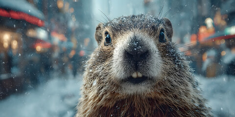 Groundhog in snowy winter city street, concept of Groundhog Day - AI generated