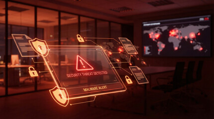 Cybersecurity warning concept with digital alert symbols and documents over tablet on corporate background in red tone, showcasing security threat detection. 