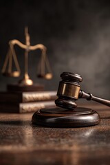 Symbolic Justice: Gavel and Scales on Warmly Lit Desk