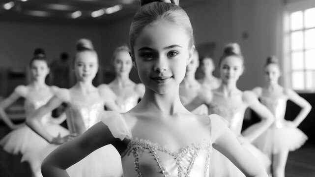 A young girl with blonde hair wearing a ballet outfit and smiling.