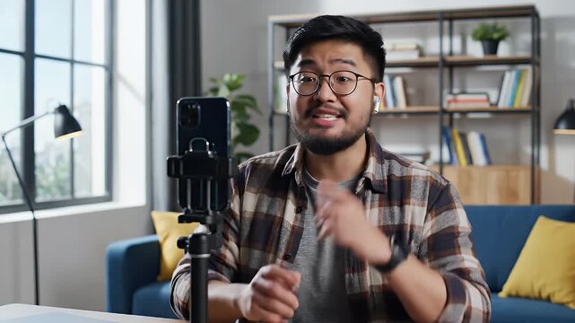 Content creator recording video blog using smartphone at home studio